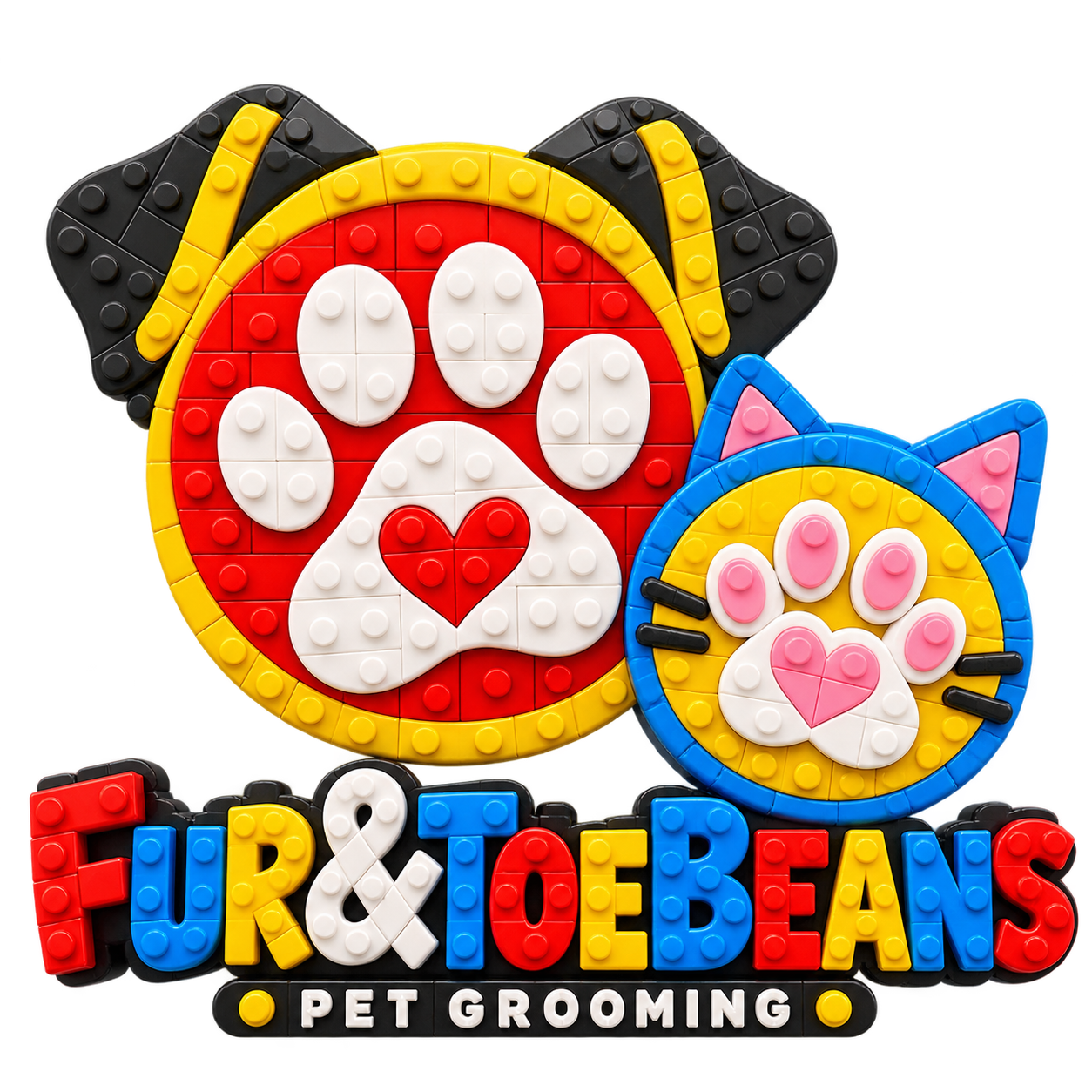 Colorful toy-brick-style FUR&TOEBEANS logo featuring dog and cat paw prints